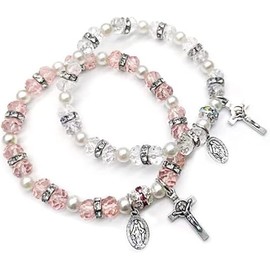 XAM Crystal Cross Bracelet Elastic Beads Stretch Rosary Bracelets Adjustable Minimalist Bracelet Women Jewelry-Pink