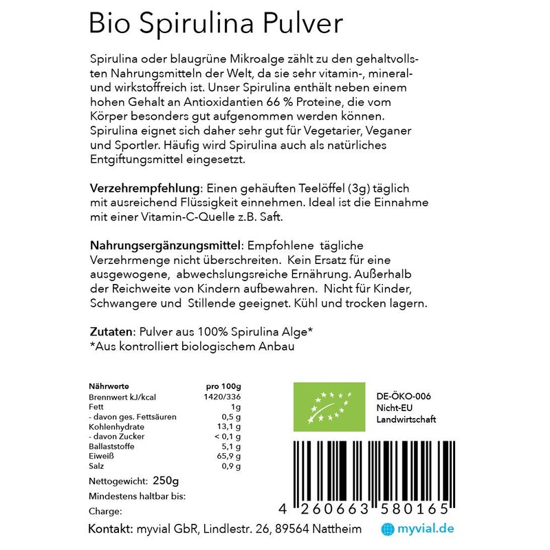 myvial® Organic Spirulina Powder 250 g - Spirulina Platensis Vegan