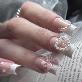 24 Pcs Long Square Press on Nails French Tip RIICFDD Medium Fake Nails with 5D Bow & Pearl Nail Charms Designs Nude Pink False Nails Acrylic Nails Full Cover Stick on Nails for Women Girls, Style 8