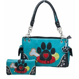HW Collection Dog Paw Print Handbag Women Shoulder Purse Wallet Set Western Style (Turquoise)