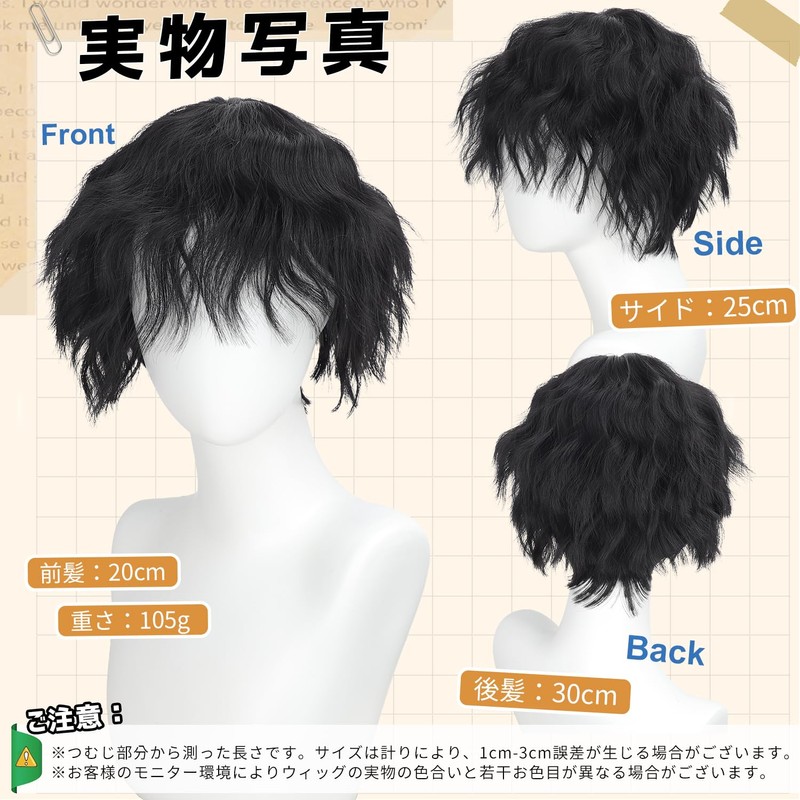 FORCUTEU Men's Wig, Black, Short, Perm, Black Hair, Full Wig,