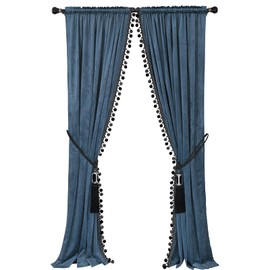 Luxury Pom Poms Curtain for Living Room Blackout Velvet 2 Panels Curtains Set Luxury Tassel Bedroom Curtains（Grey-Blue,(50W×96L)×2）
