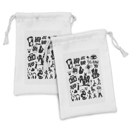 Lunarable Rap Fabric Pouch Set of 2, Arrangement of Rap Culture Doodles Street Performers Words Genre Specific, Small Drawstring Bag for Toiletries Masks and Favors, 9" x 6", Black and Coconut