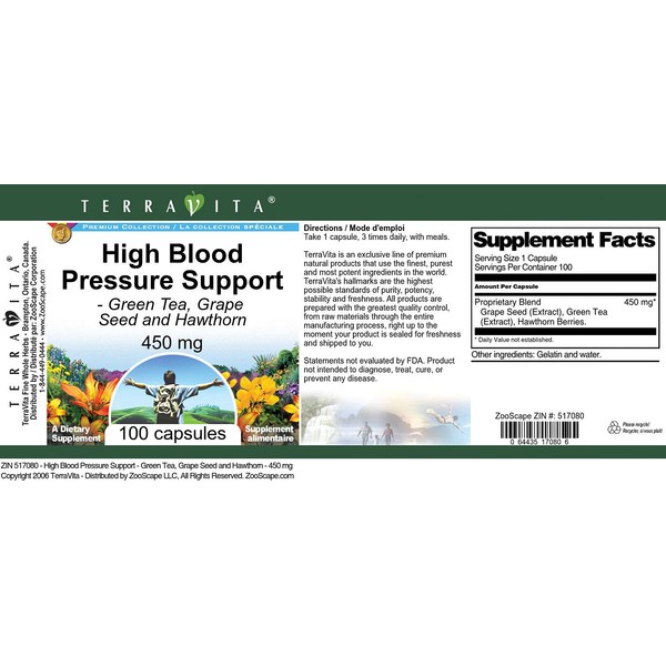 High Blood Pressure Support - Green Tea, Grape Seed and Hawthorn - 450 mg (100 Capsules, ZIN: 517080)