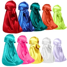 ForceWave 10 Pieces Silky Durags Long Tail for Women Men Satin Durag 360 Wave，Dorag, 10 Pieces