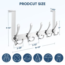 TICONN Over The Door Hooks, 5 Heavy Duty Tri Coat Rack All Metal Coat Hanger for Bathroom Bedroom Dorm (Chrome, 1PK, Fit 1-3/4" Doors)