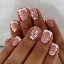 IMSOHOT Press on Nails Short Square Fake Nails Full Cover Acrylic White French Tips False Nails with Butterfly & Glitter Designs Artificial Nude Nail Supplies Glue on Nails for Women 24Pcs