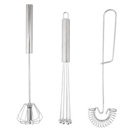 Dokpav 3 PCS Stainless Steel Wire Whisk Set, Hand Egg Whisk with Beads, Semi-Automatic Rotary Spiral Mixer for Kitchen Cooking Mixing Blending Beating Foaming