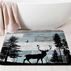 MERCHR Rustic Blue Bath Rugs for Bathroom, Vintage Farmhouse Animal Deer Forest Pine Tree, Non Slip Flannel Bathroom Rug, Dry Fast Water Absorbent Bath Mats,16X24.
