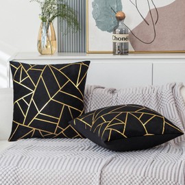 ViaElayu Cushion Cover 50 x 50 cm Black Sofa Cushion with Golden Geometric Decorative Cushion Velvet Cushion Covers Modern Cushions Square Cushion Covers Decoration Set of 2 Bedroom