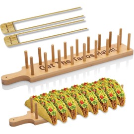 Bamboo Taco Tray Holder with 2 Tongs – Holds 8 Tacos – Soft & Hard Shell Taco Tray Plate – Tortilla & Burrito Server – Eco-Friendly Wooden Taco Holder – Taco Bar Gift for Parties & Dinners