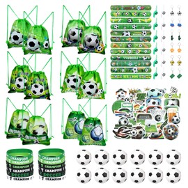 122 Pcs Soccer Party Favors Set, Soccer Theme Party Decorations with Drawstring Soccer Goodie Bags Stuffer, Mini Ball, Keychains, Slap Bracelets, Whistles, Stickers, Wristbands for Adults