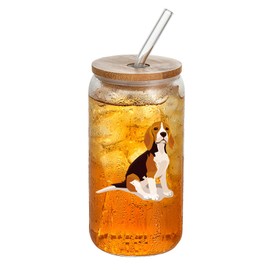 Wisedeal Beagle Glass Cups with Lids and Straws, Glasses Drinking Set, Mother's Day, Birthday, Christmas Gifts for Grandma or Mom Dad Aunt Uncle, 16 Oz