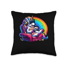 Gamer Unicorn Popcorn Gaming Chair Headphones Games Player Throw Pillow