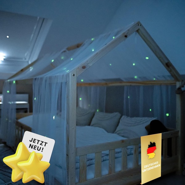 lilimaus House Bed Canopy with Luminous Stars - Bed Canopy House Bed Decoration - Gift Girls & Boys - Canopy Bed Curtains for 90 x 200 cm and 120 x 200 cm Children's Beds - Luminous Stars Children's