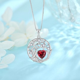 FJ Tree of Life Necklace Women's 925 Sterling Silver Tree of Life Necklace Pendant Birthstone Jewellery Gifts for Women, Cubic Zirconia, Ruby