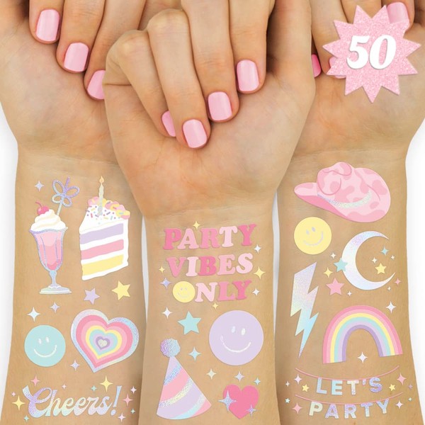 xo, Fetti Pastel Rainbow Temporary Tattoos - 50 Iridescent Foil Styles | Preppy Birthday Party Supplies, Smiley Party Favors, Party Vibes Only