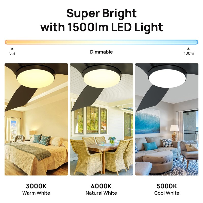 Consciot Ceiling Fan With Light, 44 Inch Low Profile Ceiling