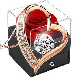 SWEETIME Eternal Rose Gift Box Red Infinity Roses with Heart Chain 925 Silver Rose Gold Women's Necklace, Forever Rose with Necklace Gifts for Women on Valentine's Day, Christmas, Wedding Anniversary, Birthday