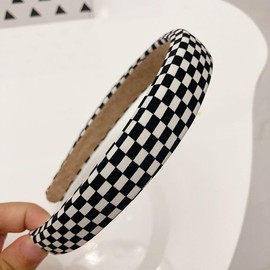 2 Pieces Checkered Flag Headband Black and White Plaid Hair Band Thick Padded Headband Sponge Puffy Headbands Buffalo Check Headband Christmas Party Hair Accessories