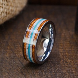 Men's Silver Tungsten Carbide Wedding Band - Premium Tungsten Ring With Turquoise, Deer Antler & Koa Wood Inlay - Includes Silicon Band, Leather Drawstring Pouch, & Luxury Walnut Box(Size 12.5)