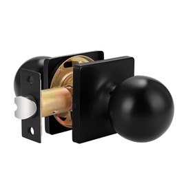 Probrico Black Door Knobs Interior Keyless Lock, Modern Passage Door Handles for Hall/Closet, Round Knob with Square Cover,1 Pack