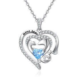 Mom Necklace Aquamarine March Birthstone Jewelry for Women Sterling Silver I Love You Mom Necklace Mama Bear Heart Pendant Mother's Day Anniversary Wedding Gifts for Women