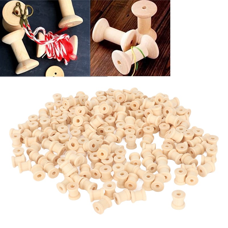 200Pcs Wooden Spools 0.55in 0.51in Unfinished Polished Wood Smoothing Wooden