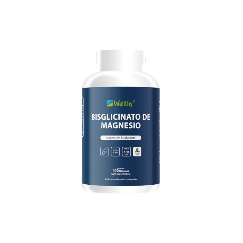 Wellthy Bisglicinato de Magnesio 400 Cápsulas 432mg. 100% Natural, Alta