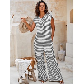 Cicy Bell Women's Striped Jumpsuit with Wide Leg Short Sleeve Jumpsuit Round Neck Button Down Summer Outfit, White