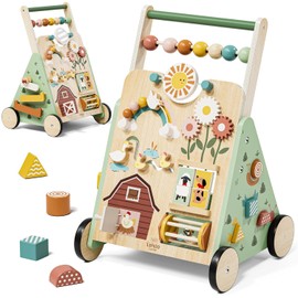 Lehoo Castle Andador de madera, ajustable con tabla de actividad, carrito a partir de 1 año, andador para bebé, con juguete