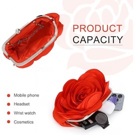 Women Evening Bag Floral Satin Clutch Purses with Chain Rose Pattern Purse Party Prom Handbags, Red