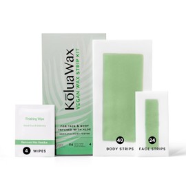 KoluaWax Vegan Wax Strips for Hair Removal - Easy to Use, Non-Irritating, Mess-Free Waxing Kit - 40 Body Strips, 24 Face Strips, 4 Post-Wax Soothing Wipes - Eyebrow, Body, Facial, Leg Strip for Women