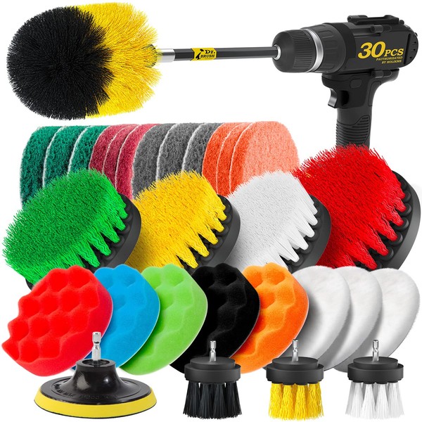 Holikme 30 Piece Drill Brush Attachments Set,Scrub Pads & Sponge, Power Scrubber Brush with Extend Long Attachment All Purpose Clean for Grout, Tiles, Sinks, Bathtub, Bathroom, Masonry Brushes,Kitchen