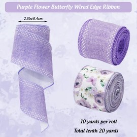 JarThenaAMCS Spring Butterfly Floral Wired Edge Ribbon Flower Purple Fabric Ribbon for Summer Wreath Bow Making DIY Crafts Birthday Wedding Wrapping Party Decor Supplies, 2 Rolls, 20 Yard