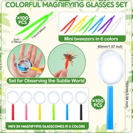 Kingdder 200 Pcs Kids Magnifying Glasses Tweezers Set 100 Plastic Mini Hand Lens 100 Fine Motor Craft Tweezers Classroom Birthday Gifts for Children Science Class Outdoor Observation DIY Jewelry