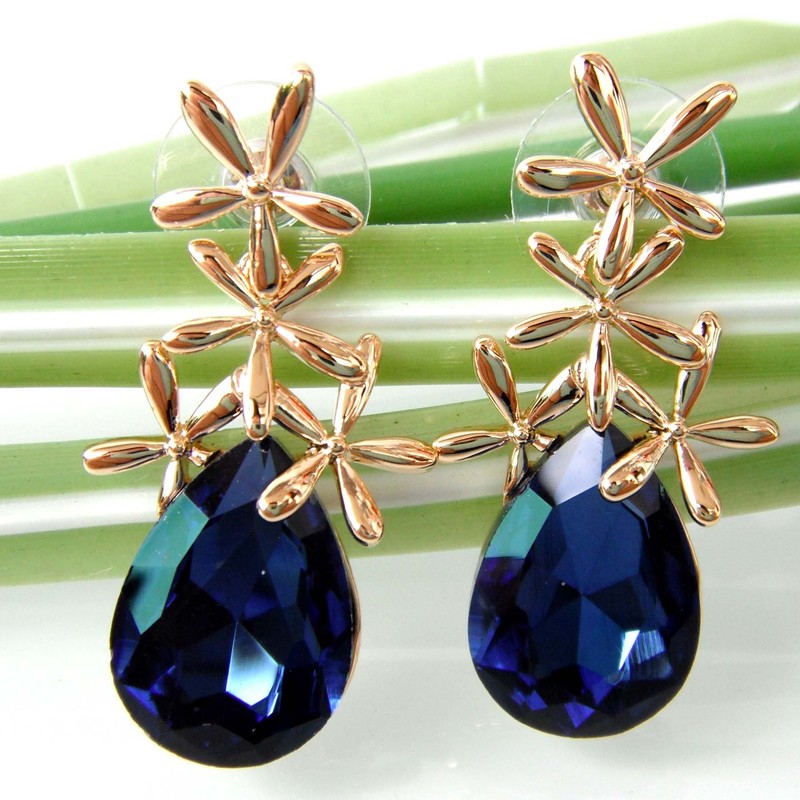 Navachi 18k Gold Plated Crystal Leaves Blue Pear-shaped Zirconia Az2307d