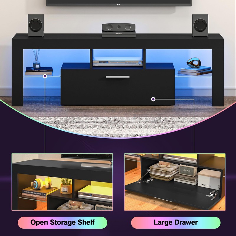 Clikuutory Black LED TV Stand with Large Storage Drawer for