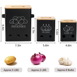 WUWEOT 3 Pack Vegetable Storage Bin, Potato Onion Garlic Storage Canister, Black Metal Vegetable Fresh Keeper Caddy, Kitchen Pantry Organizer Jars with Bamboo Lid and Aerating Holes