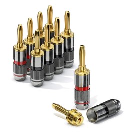 conecto High-End Banana Plug, Speaker Cable with a Maximum Diameter of 6 mm², Pack of 8 with All-Round Colour Ring, Red/Black, Gold-Plated Connectors, Black