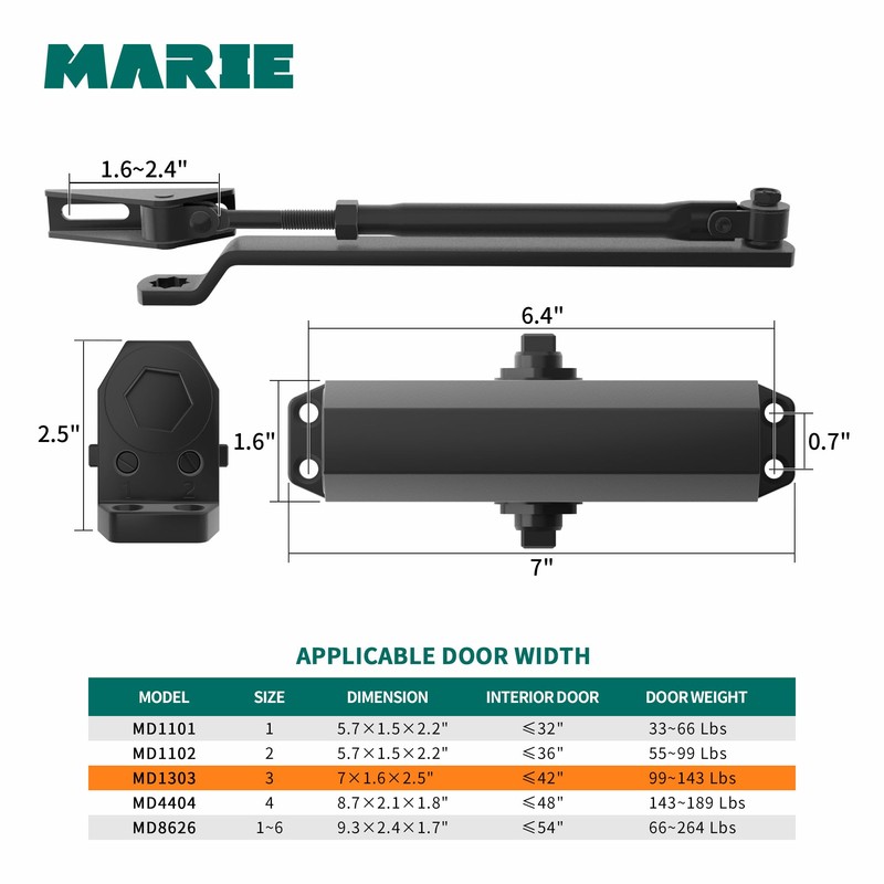MARIE Automatic Adjustable Size 3 Spring Hydraulic Door Closer Heavy