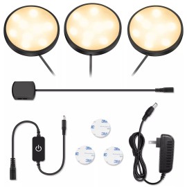 YGS-Tech 3 Pack LED Puck Lights, Under Cabinet Lighting Black Trim, 3000K Warm White, ...