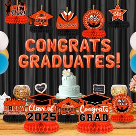 8 Pieces Class of 2025 Graduation Table Decorations - 2025 Congrats Grad Honeycomb Centerpieces, Graduation Table Toppers Decor for 2025 Graduation Party Decorations Favor Supplies, Orange