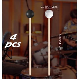 4Pcs Tongue Drum Mallets for Kids, Children's Rubber Drumsticks 5.8 in, Wooden Percussion Sticks for Xylophone Glockenspiel (Black and White)