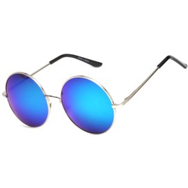 Retro Round Circle Colored Vintage Tint Sunglasses Metal Frame OWL (56mm_silver_blue_green_mirror, PC Lens)