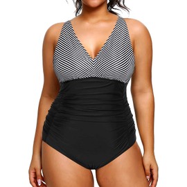 Aqua Eve Women Plus Size One Piece Swimsuits V Neck Tummy Control Bathing Suits Retro Ruched Swimwear Striped 18 Plus