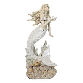 Ebros Gift Large 15" H Vintage Nautical Marine Ocean Sea Goddess Venus Mermaid with Beaded Pearl Tail Holding Sconce Standing by Coral Reef Decorative Statue