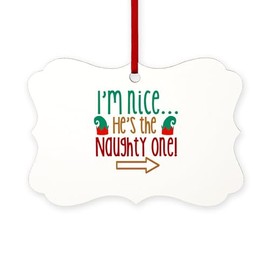 CafePress Im Nice Hes Naughty Elf Hat Scroll Holiday Ornament 4" x 2.75"