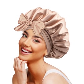 Galsangflower Silk Bonnet for Sleeping, Double Layer Silk Bonnet for Curly & Long Hair, Soft Statin Bonnets Adjustable Hair for Women Girls(Champagne)
