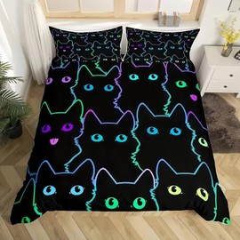 Tabeskly Kids Girls Bedding Set Single, Cat Cute Soft Zipper Childrens Full Bed 3 Piece Cover Duvet Quilt Covers and Pillowcases - Small Mildly Cosy Budget Bedclothes 135×200cm